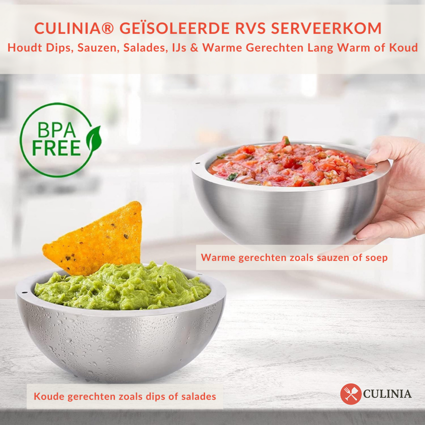Culinia® Geïsoleerde RVS serveerkom | Houdt Dips, Sauzen, Salades, IJs & Warme Gerechten Lang Warm of Koud