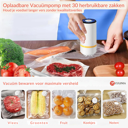 Altijd Vers & Luchtdicht – Oplaadbare Draagbare Vacuümpomp met 30 Herbruikbare Zakjes – Houd Je Voedsel Langer Vers Zonder Kwaliteitsverlies