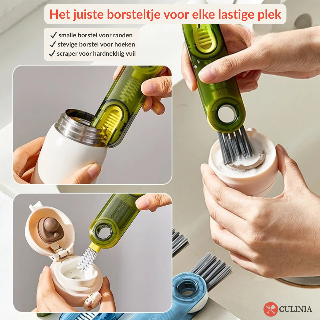 Compacte 3-in-1 borstel voor drinkflessen, bekers en moeilijk bereikbare plekjes.