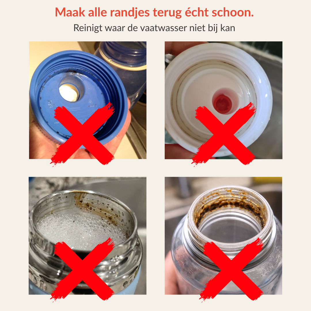 Compacte 3-in-1 borstel voor drinkflessen, bekers en moeilijk bereikbare plekjes.