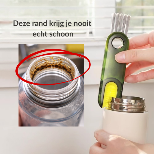 Compacte 3-in-1 borstel voor drinkflessen, bekers en moeilijk bereikbare plekjes.