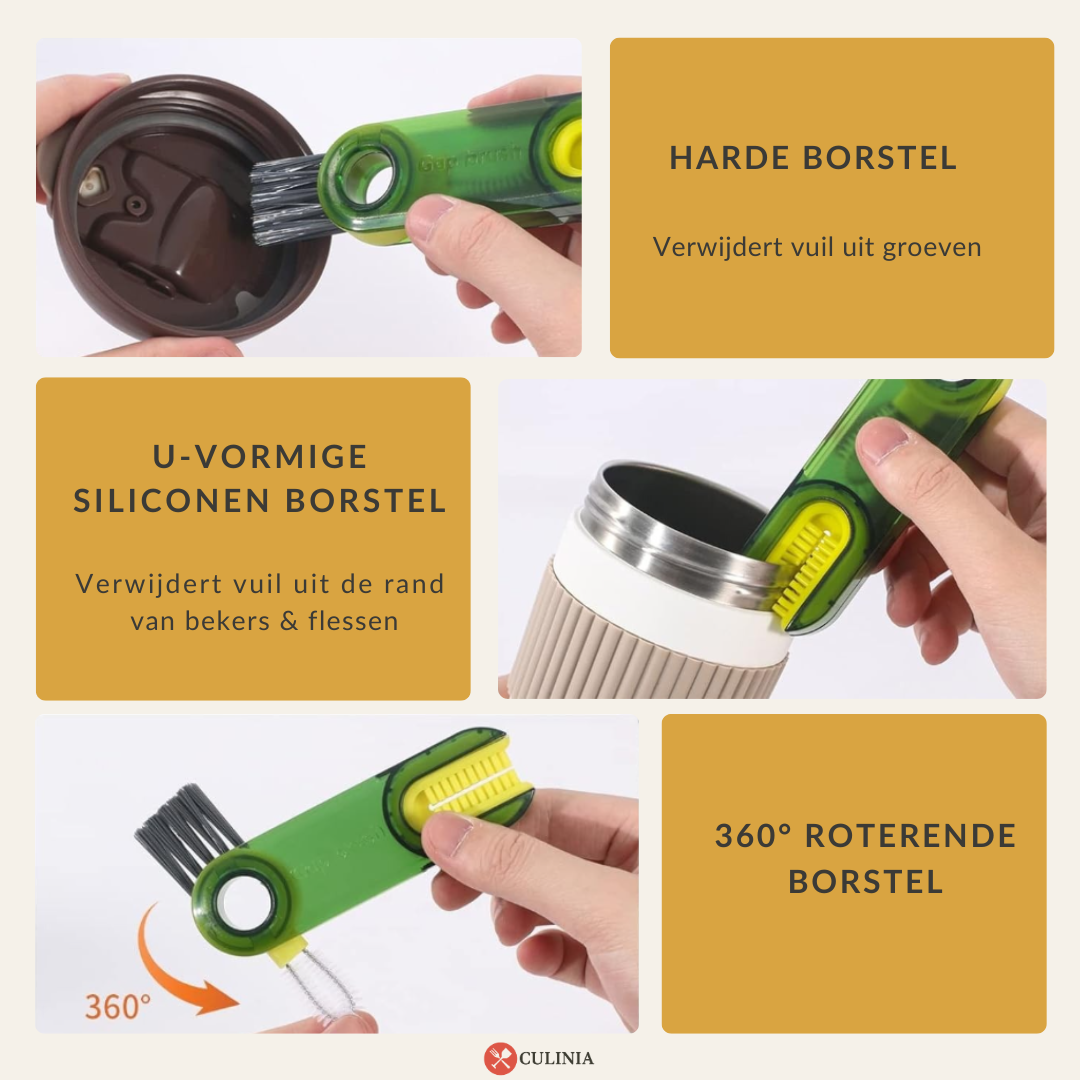 Compacte 3-in-1 Borstel – Ideaal voor drinkbekers, flessen & keukenaccessoires