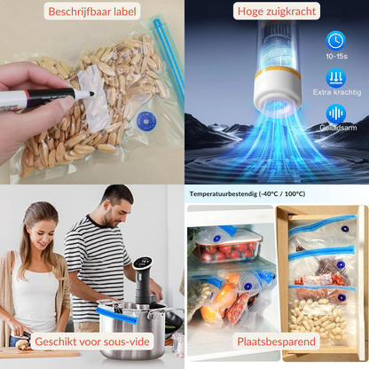 Altijd Vers & Luchtdicht – Oplaadbare Draagbare Vacuümpomp met 30 Herbruikbare Zakjes – Houd Je Voedsel Langer Vers Zonder Kwaliteitsverlies