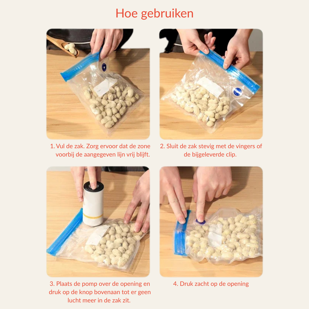 Altijd Vers & Luchtdicht – Oplaadbare Draagbare Vacuümpomp met 30 Herbruikbare Zakjes – Houd Je Voedsel Langer Vers Zonder Kwaliteitsverlies