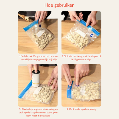 Altijd Vers & Luchtdicht – Oplaadbare Draagbare Vacuümpomp met 30 Herbruikbare Zakjes – Houd Je Voedsel Langer Vers Zonder Kwaliteitsverlies