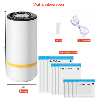 Altijd Vers & Luchtdicht – Oplaadbare Draagbare Vacuümpomp met 30 Herbruikbare Zakjes – Houd Je Voedsel Langer Vers Zonder Kwaliteitsverlies
